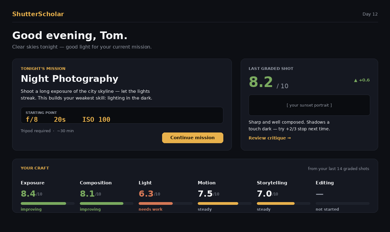 Dashboard showing craft progress